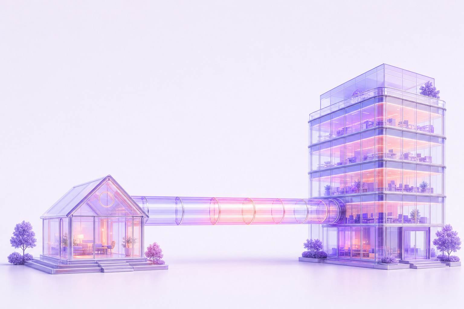 Ilustración 3D de una casa y un edificio de oficinas de cristal unidos por un túnel luminoso