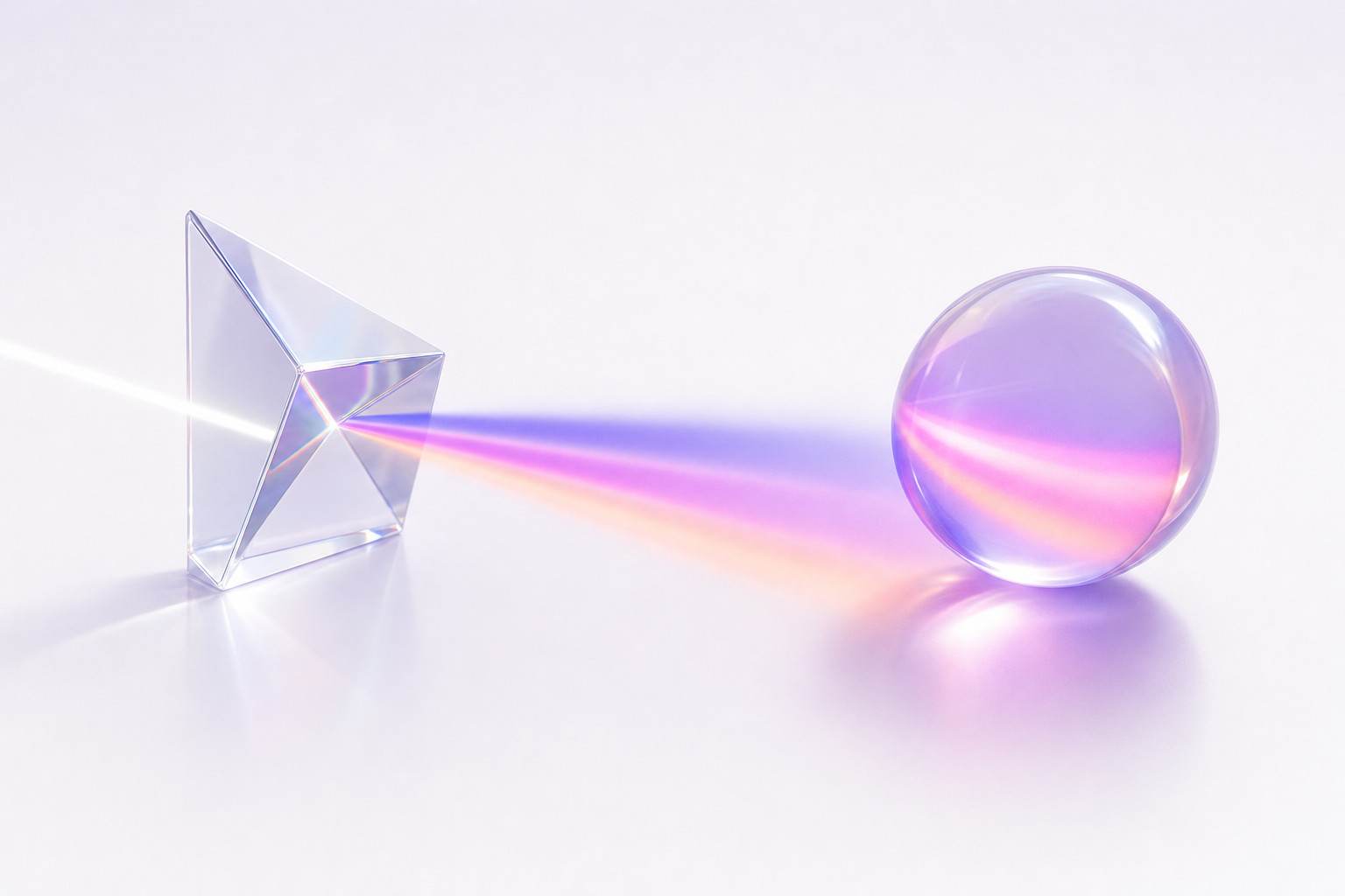 Ilustración 3D de un prisma de cristal que descompone la luz en bandas de color sobre una esfera