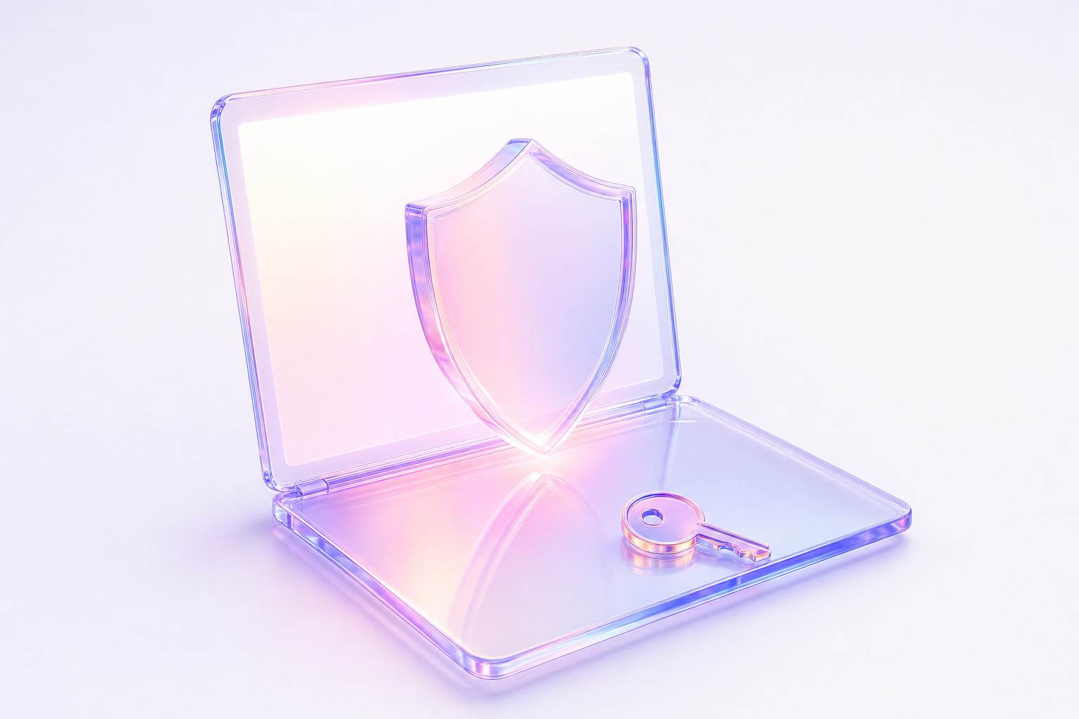 Ilustración 3D de un portátil de cristal con un escudo saliendo de la pantalla y una llave