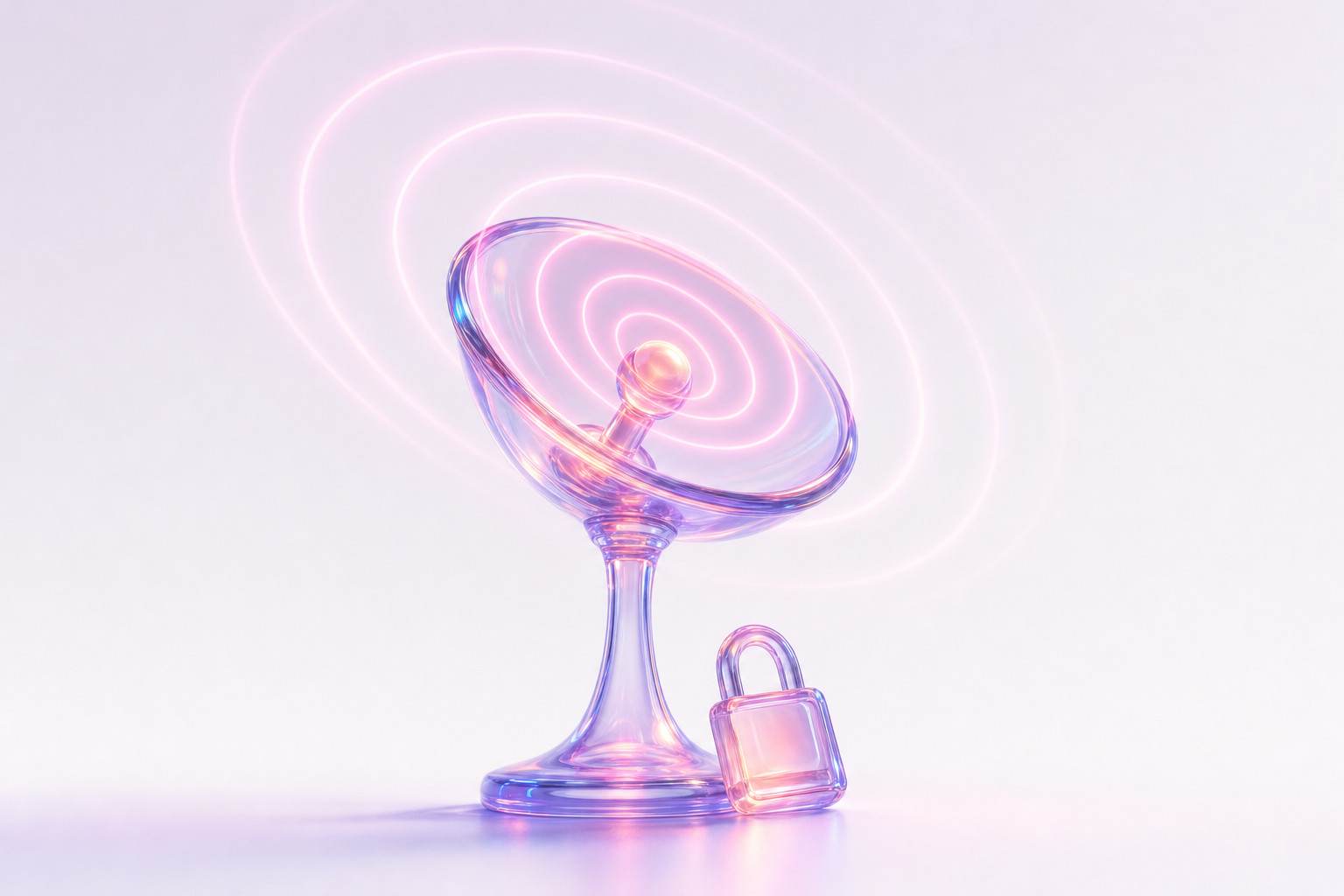 Ilustración 3D de una antena de cristal que emite ondas de luz con un candado en la base