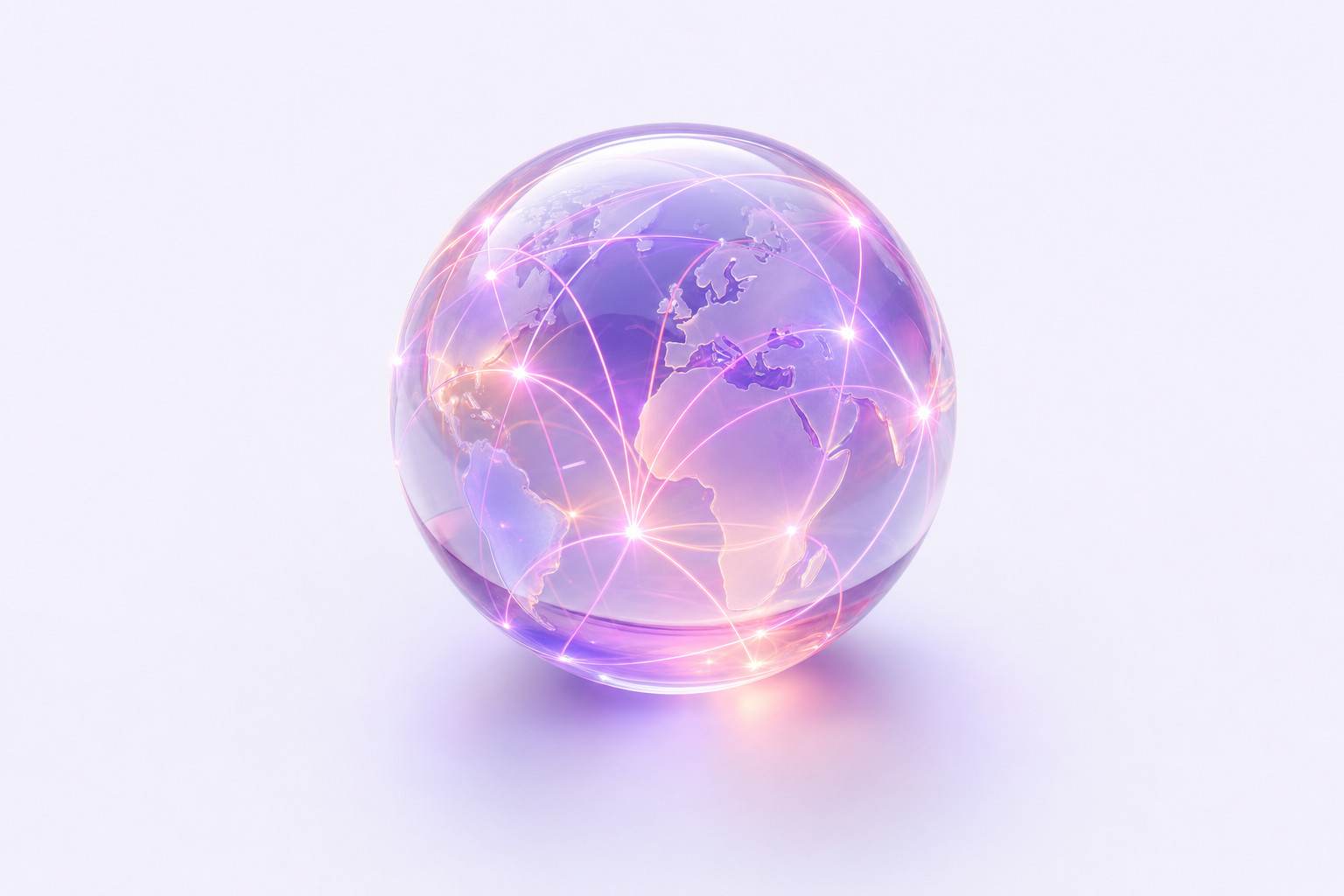 Ilustración 3D de un globo terráqueo de cristal con arcos luminosos entre puntos de su superficie