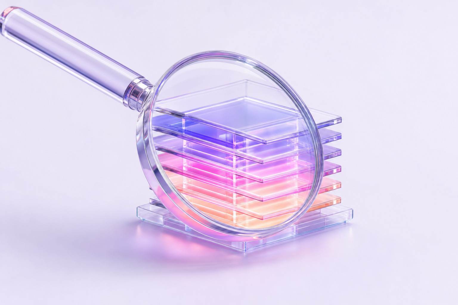 Ilustración 3D de una lupa de cristal examinando una pila de placas translúcidas