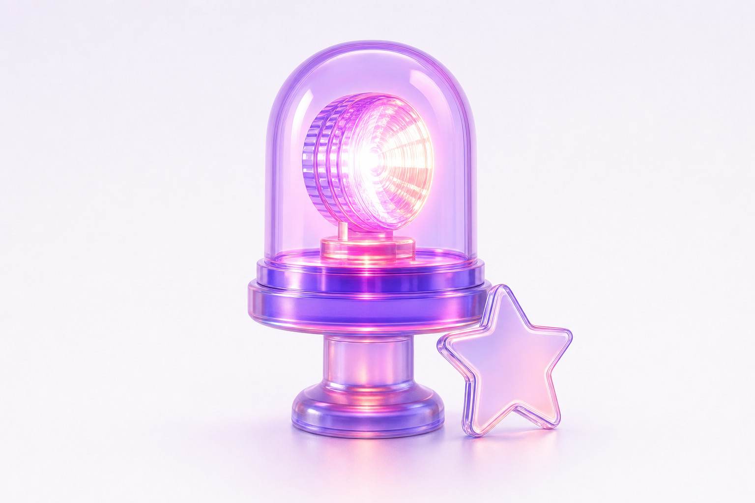 Ilustración 3D de una luz giratoria de cristal violeta junto a una placa en forma de estrella