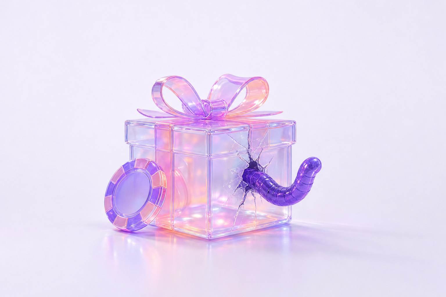 Ilustración 3D de una caja de regalo de cristal agrietada con un gusano y una ficha