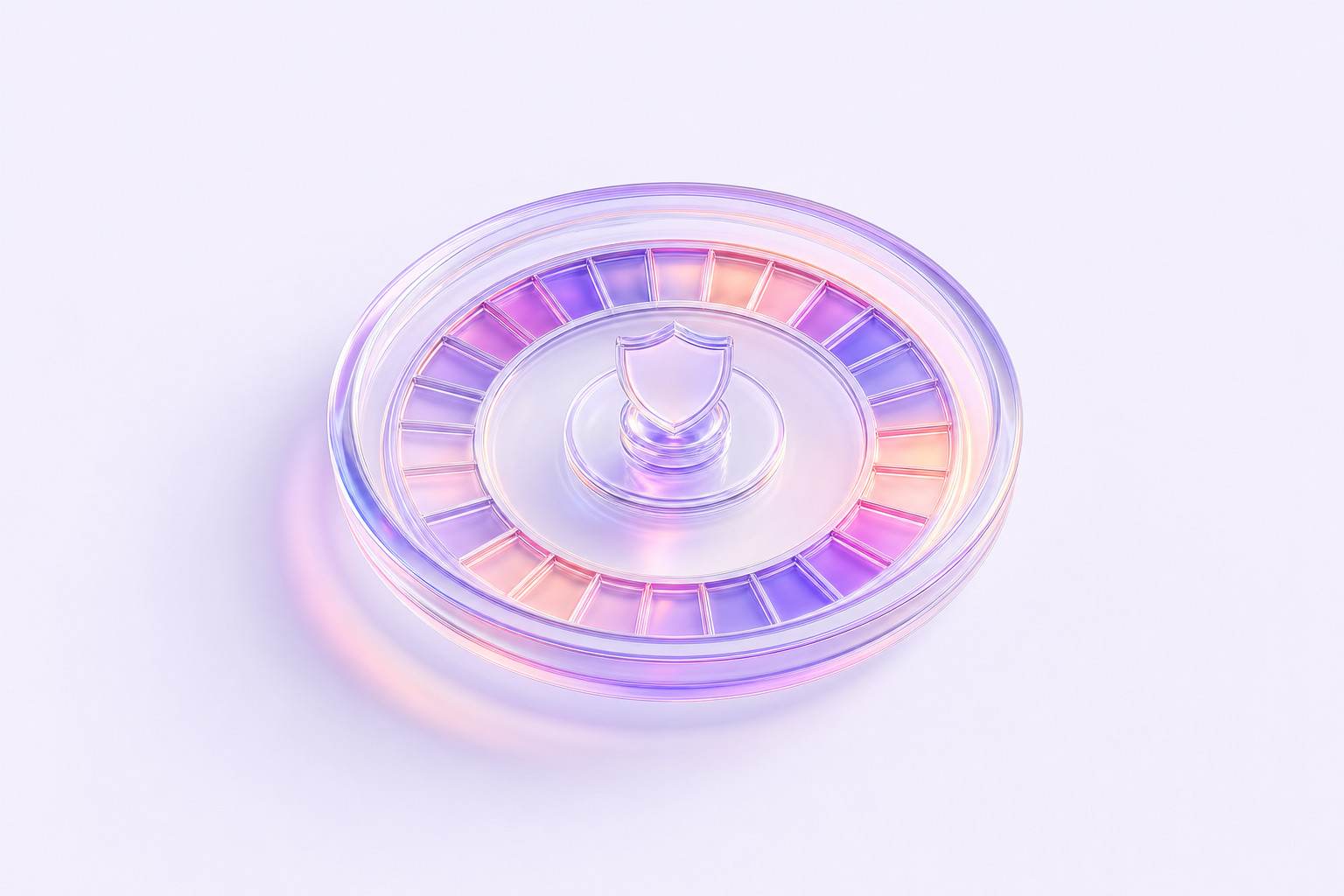 Ilustración 3D de una ruleta de cristal vista desde arriba con un pequeño escudo en el centro