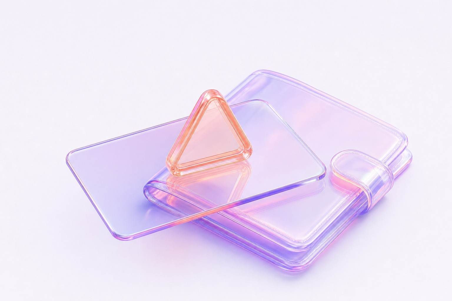 Ilustración 3D de una tarjeta de pago y una cartera de cristal con un triángulo de advertencia