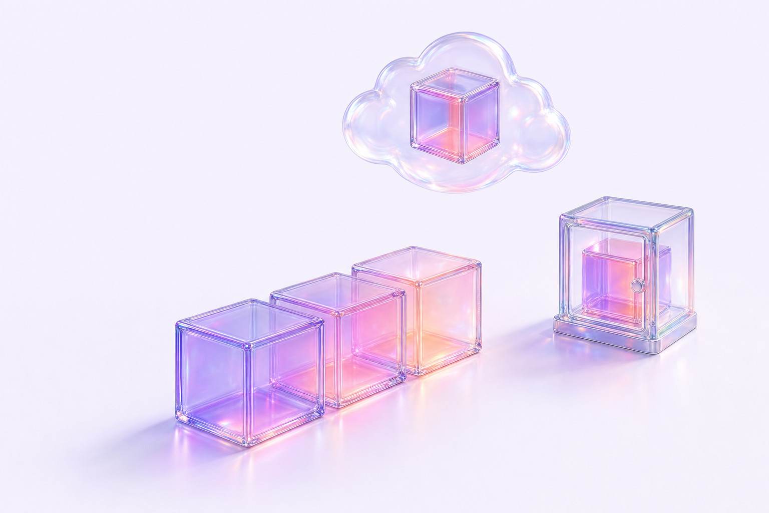 Ilustración 3D de cubos de almacenamiento de cristal, uno dentro de una nube y otro en una bóveda