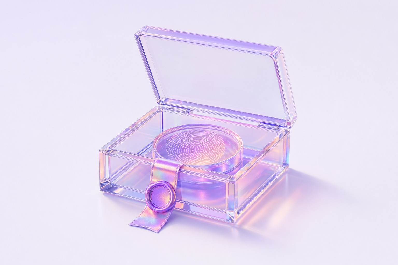Ilustración 3D de una caja de pruebas de cristal con un disco de huella dactilar y un sello