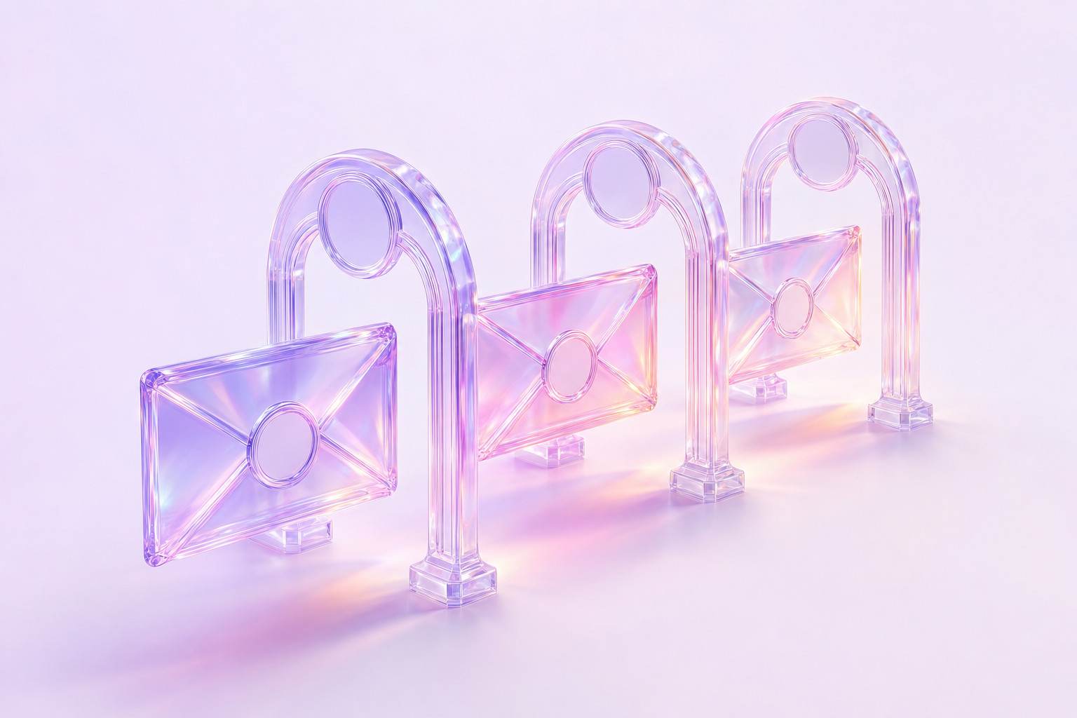 Ilustración 3D de tres sobres de cristal pasando por tres arcos de cristal con sello