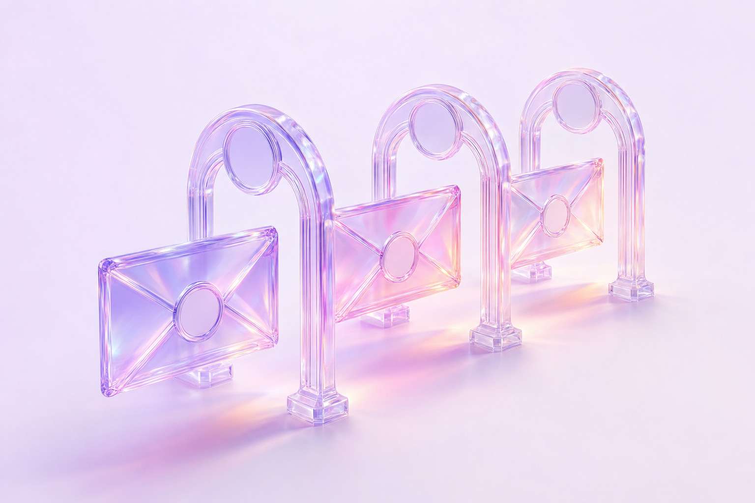 Ilustración 3D de tres sobres de cristal pasando por tres arcos de cristal con sello
