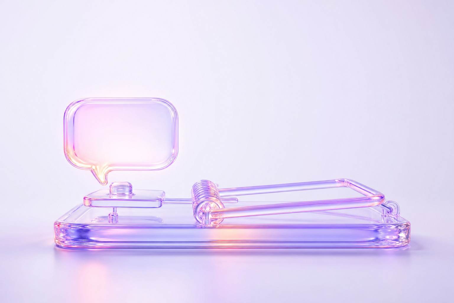 Ilustración 3D de una ratonera de cristal con un bocadillo de mensaje como cebo