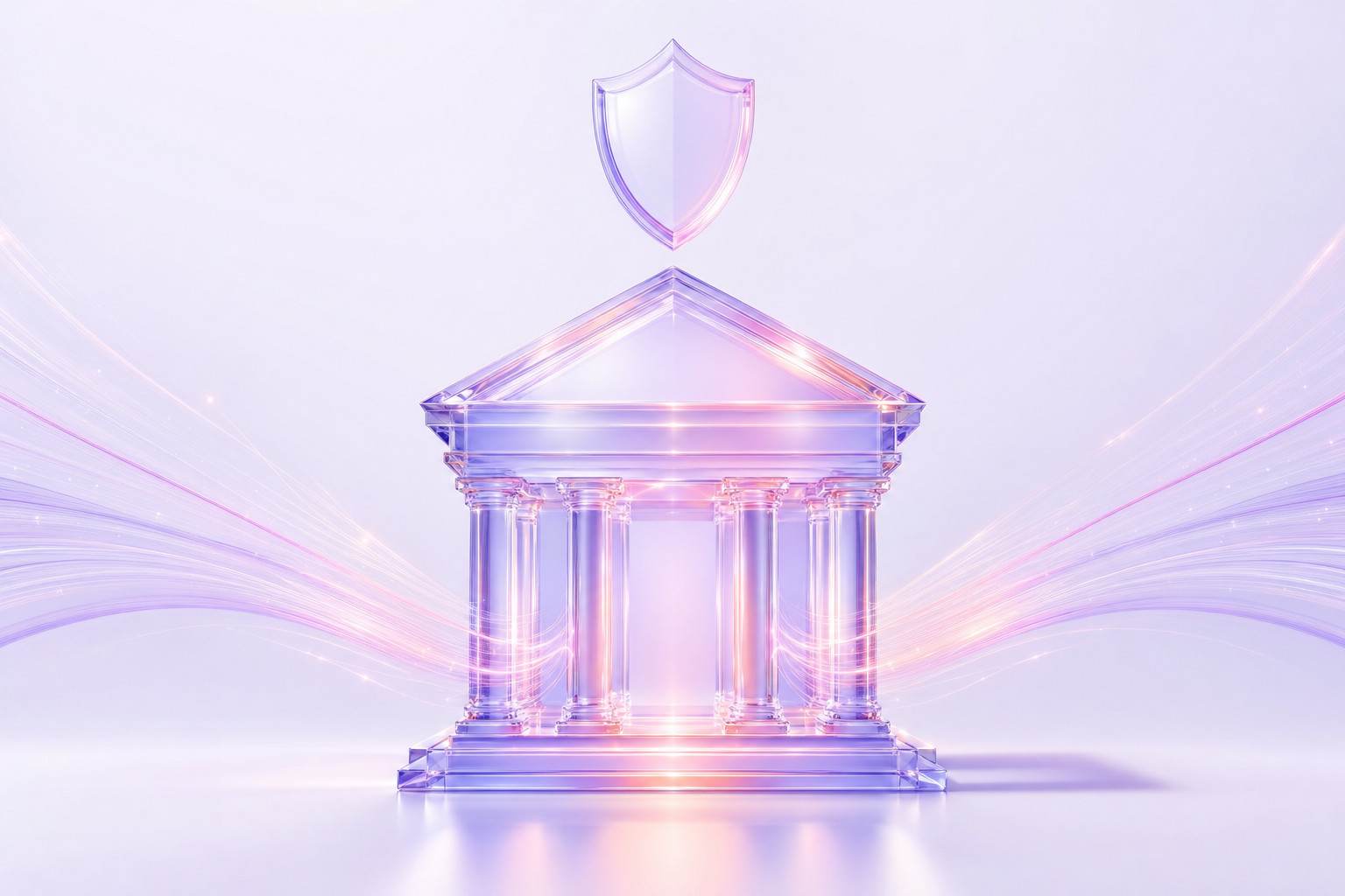 Ilustración 3D de un edificio clásico de cristal con flujos de luz y un escudo encima