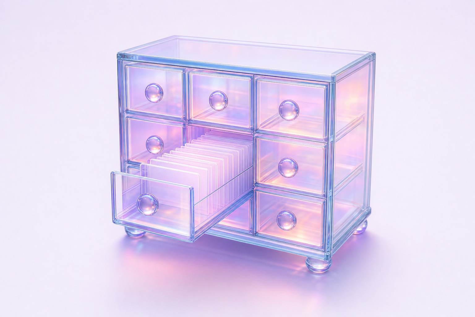 Ilustración 3D de un fichero de biblioteca de cristal con un cajón abierto de fichas en blanco