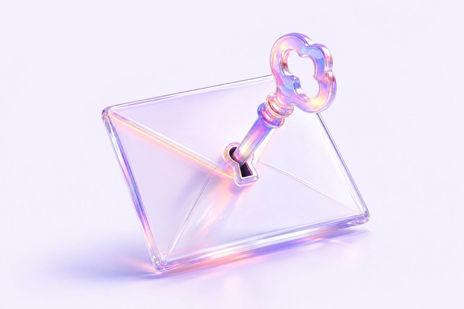 Ilustración 3D de un sobre de cristal con una llave iridiscente en la cerradura de la solapa
