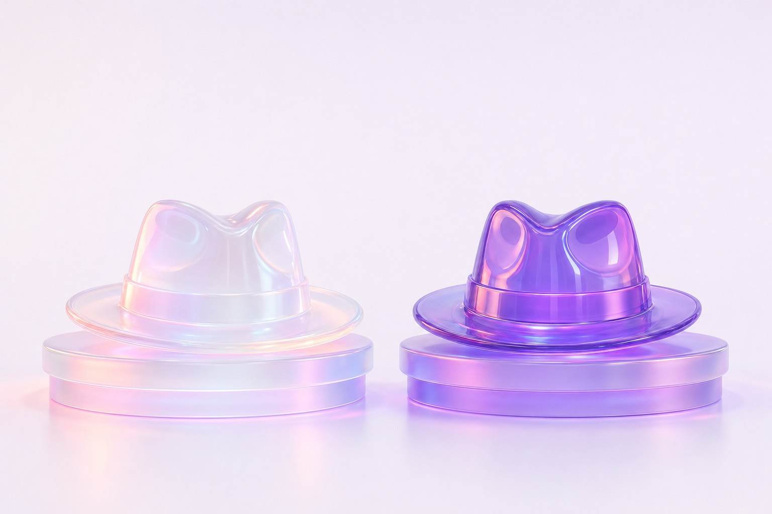 Ilustración 3D de dos sombreros de cristal, uno blanco esmerilado y otro violeta ahumado