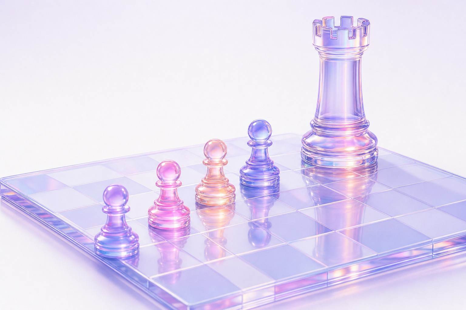Ilustración 3D de un tablero de ajedrez de cristal con peones avanzando hacia una torre