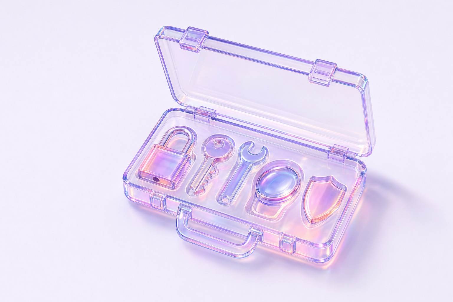 Ilustración 3D de una caja de herramientas de cristal con candado, llave, lupa y escudo