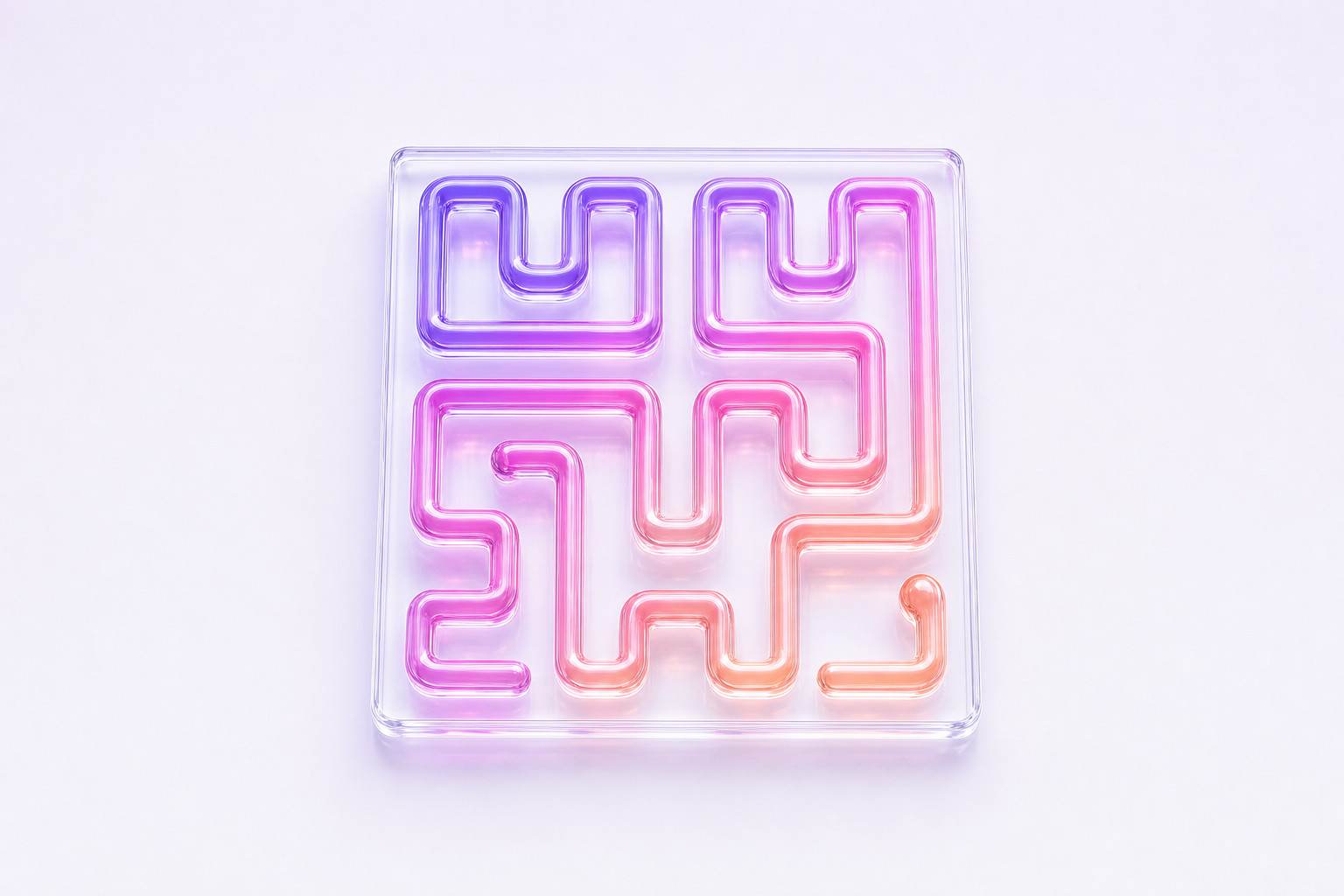 Ilustración 3D de un tubo de cristal luminoso plegado en una curva de Hilbert sobre una placa