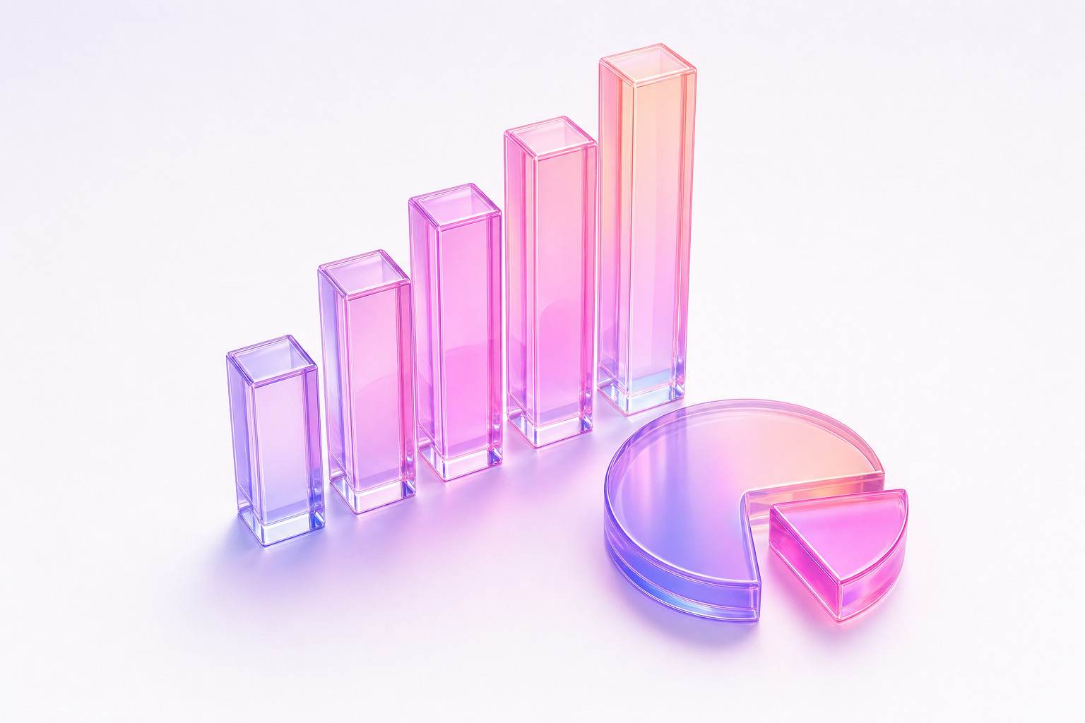 Ilustración 3D de un gráfico de barras de cristal ascendente junto a un sector de gráfico circular