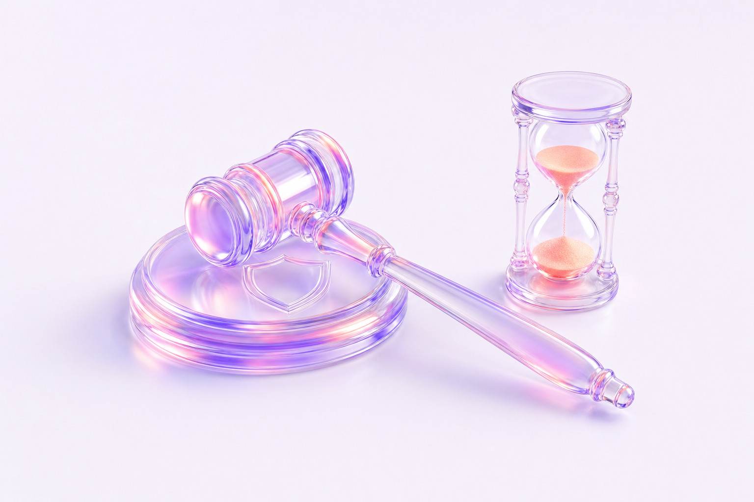 Ilustración 3D de un mazo de juez de cristal con escudo y un reloj de arena