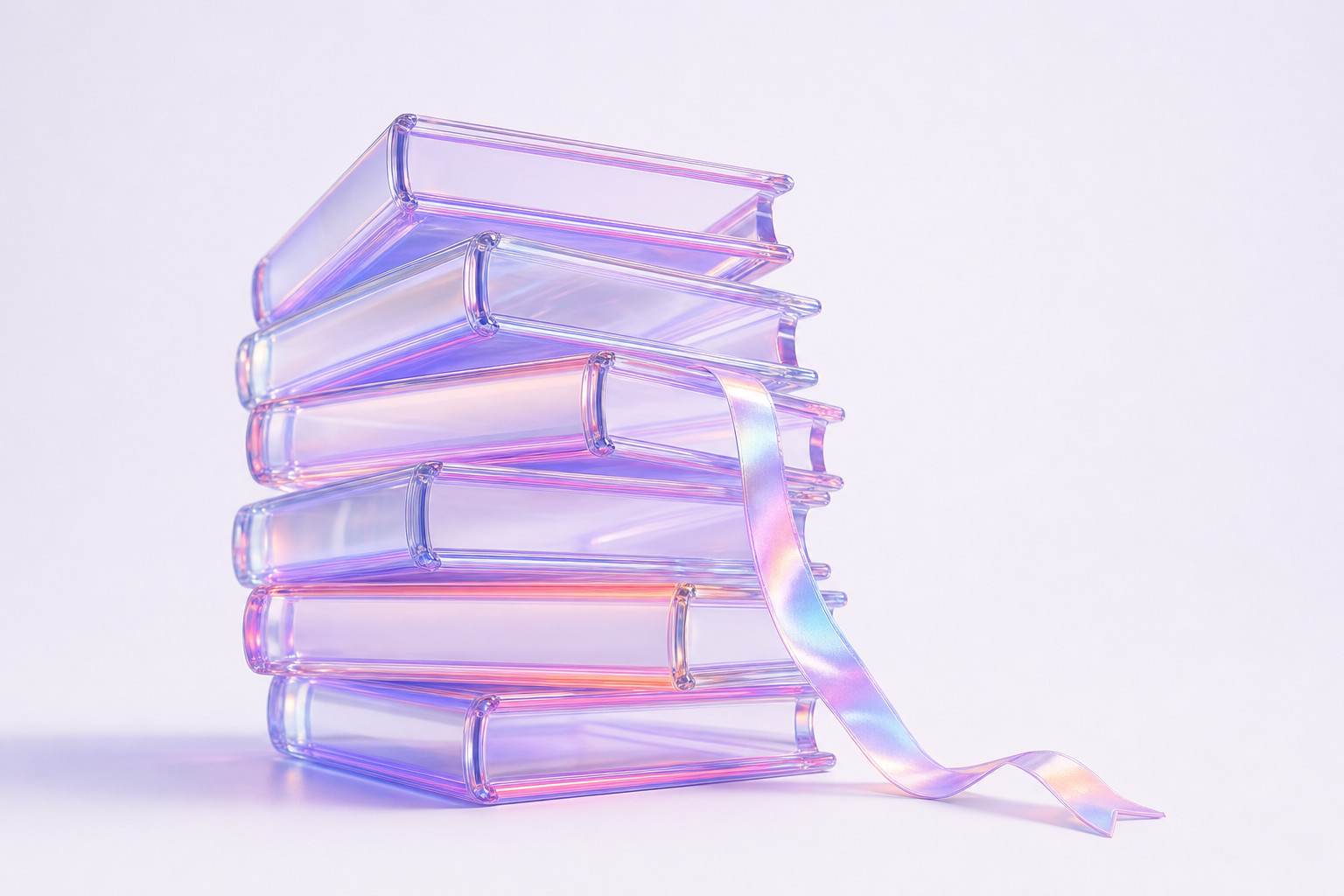 Ilustración 3D de una pila de libros de cristal con un marcapáginas de cinta iridiscente