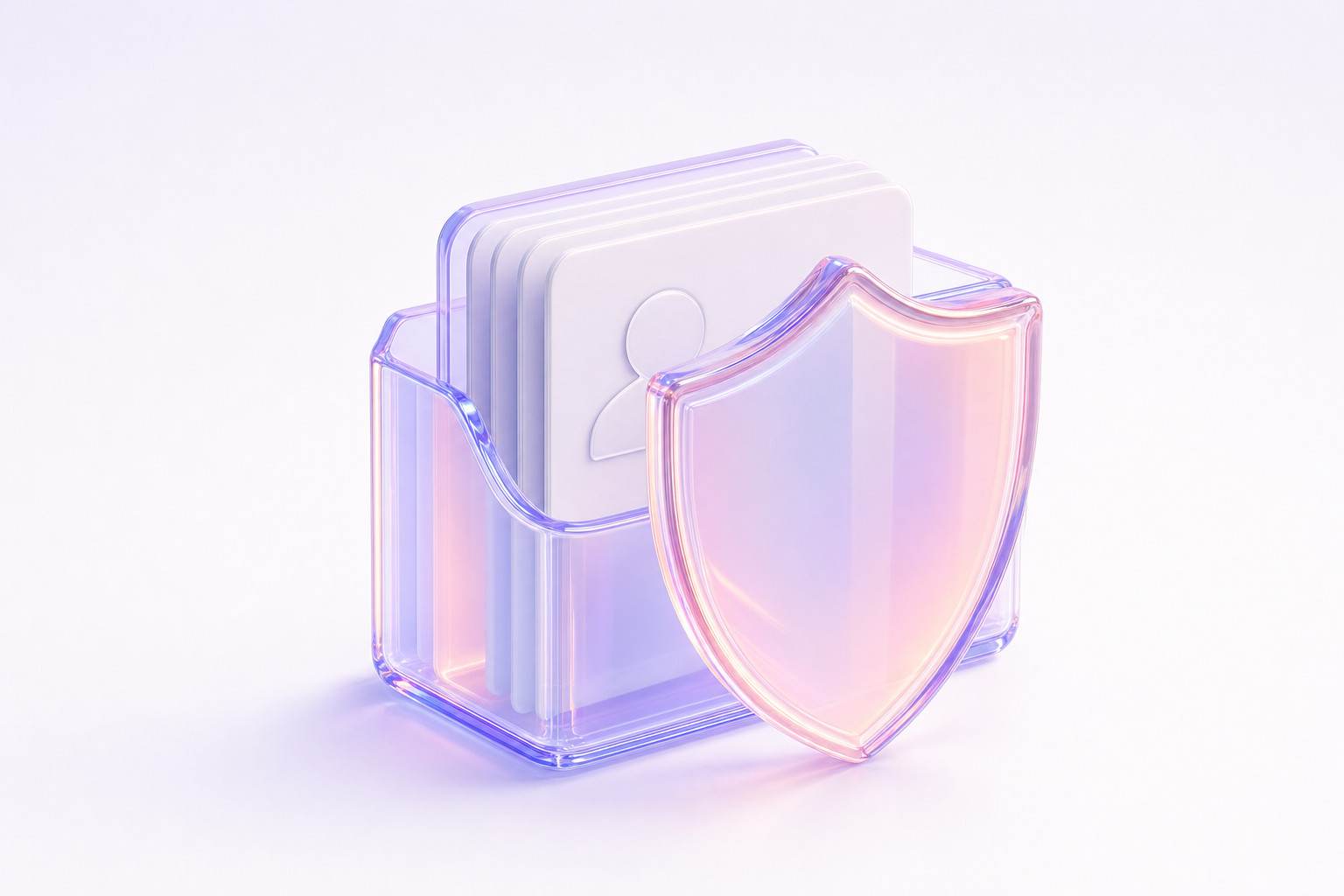 Ilustración 3D de una carpeta de cristal con fichas de datos personales detrás de un escudo