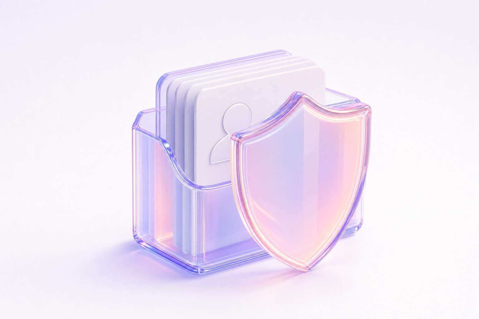 Ilustración 3D de una carpeta de cristal con fichas de datos personales detrás de un escudo