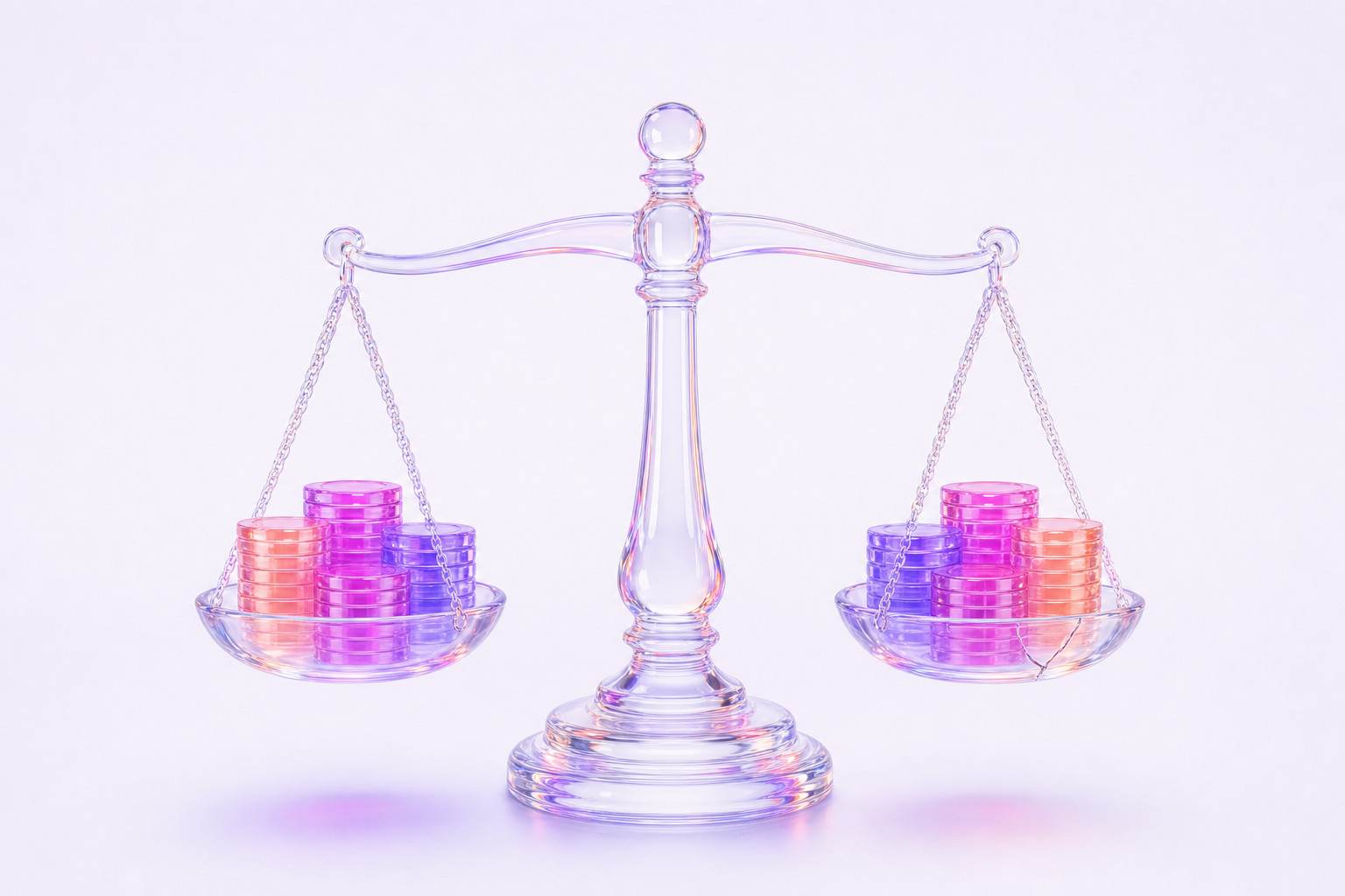 Ilustración 3D de una balanza de cristal con fichas de casino en ambos platillos
