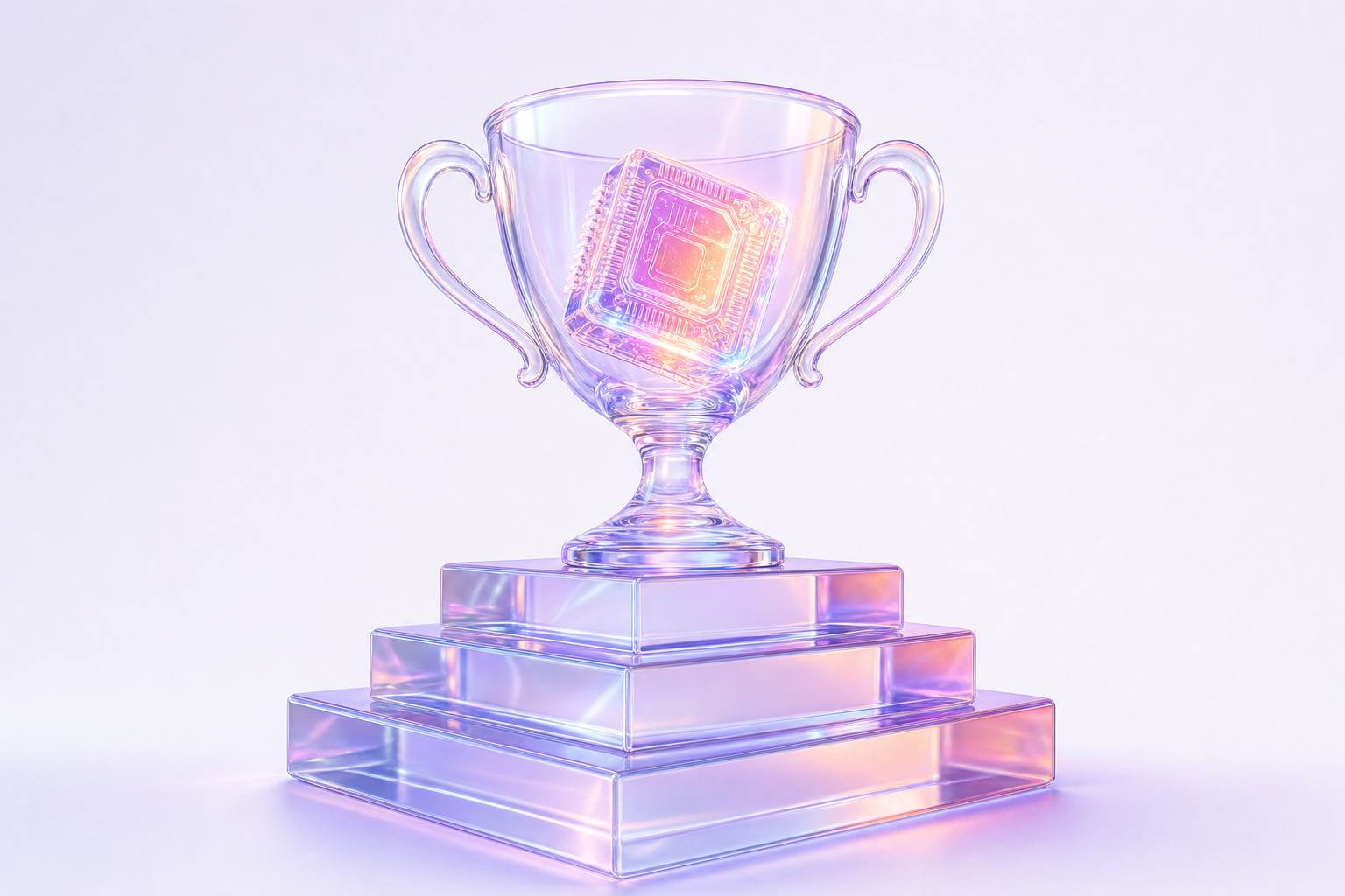 Ilustración 3D de un trofeo de cristal con un microchip brillante sobre un podio escalonado