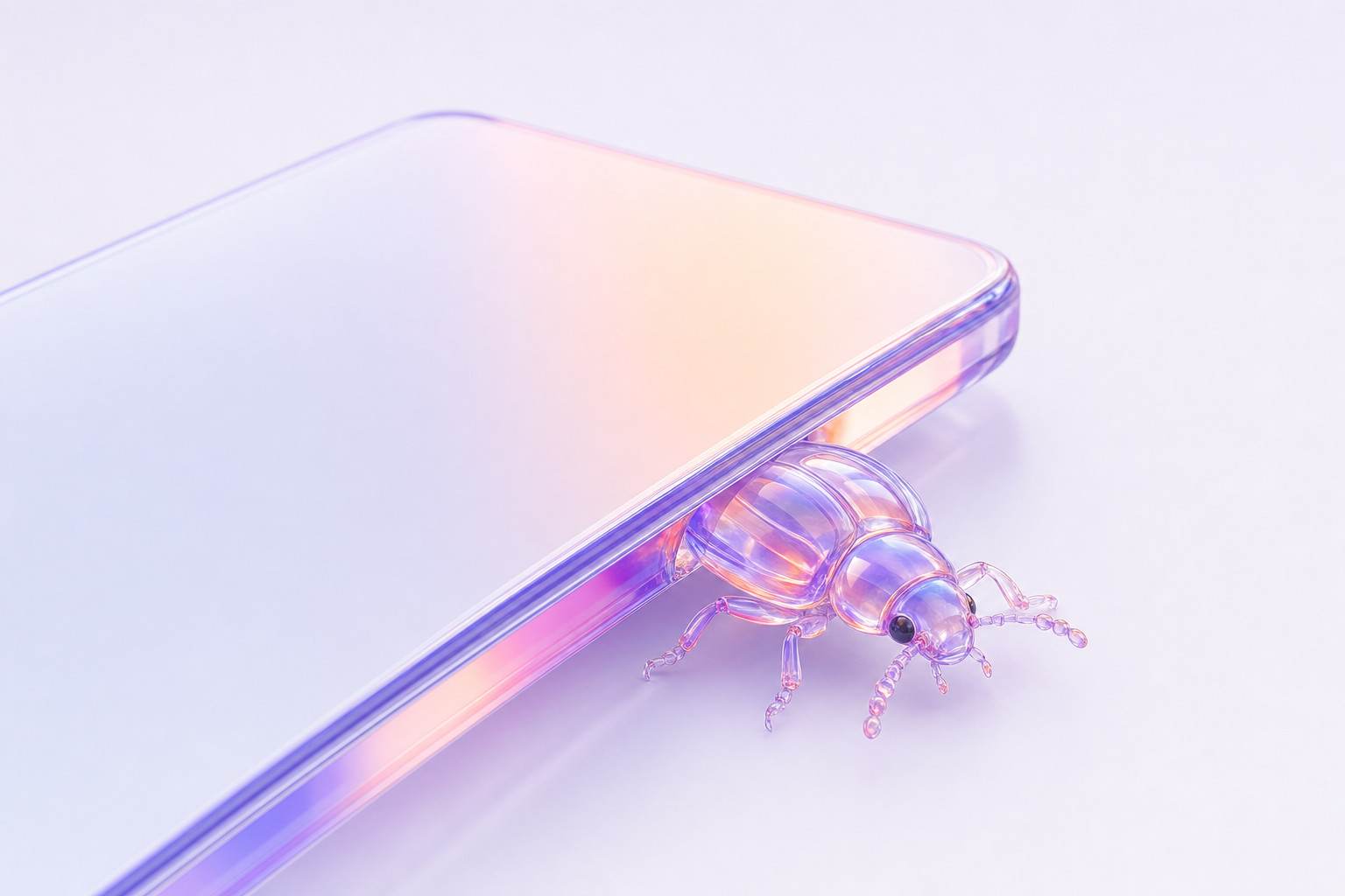 Ilustración 3D de un escarabajo iridiscente saliendo del borde de un teléfono de cristal