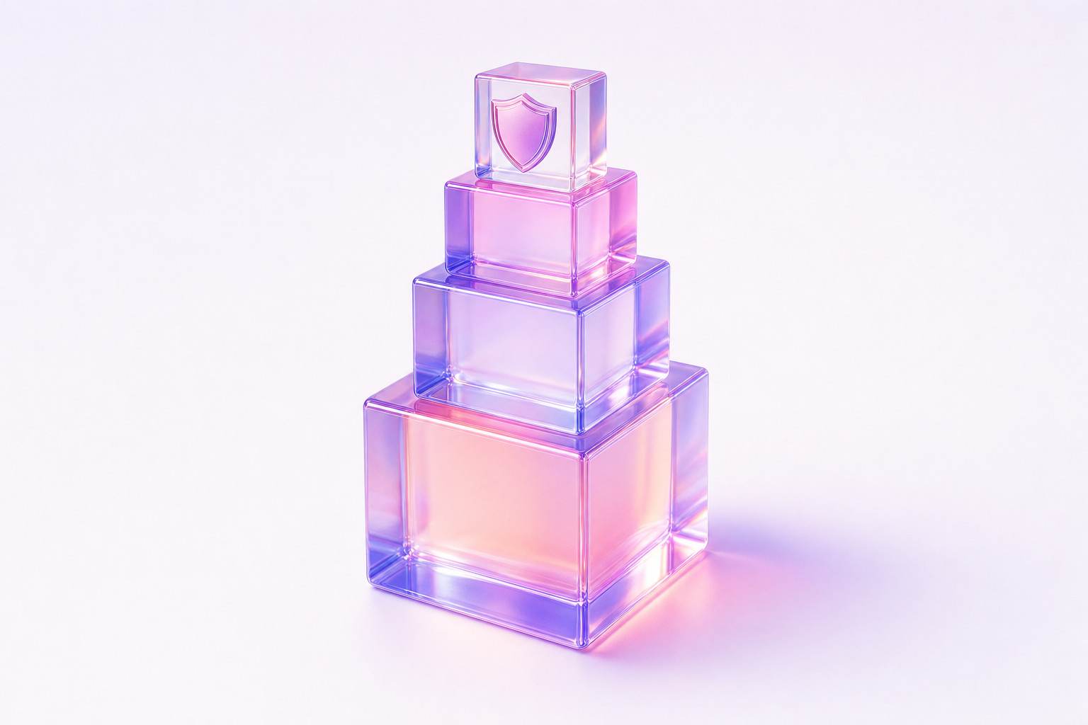 Ilustración 3D de una torre de cubos de cristal coronada por un cubo con un escudo