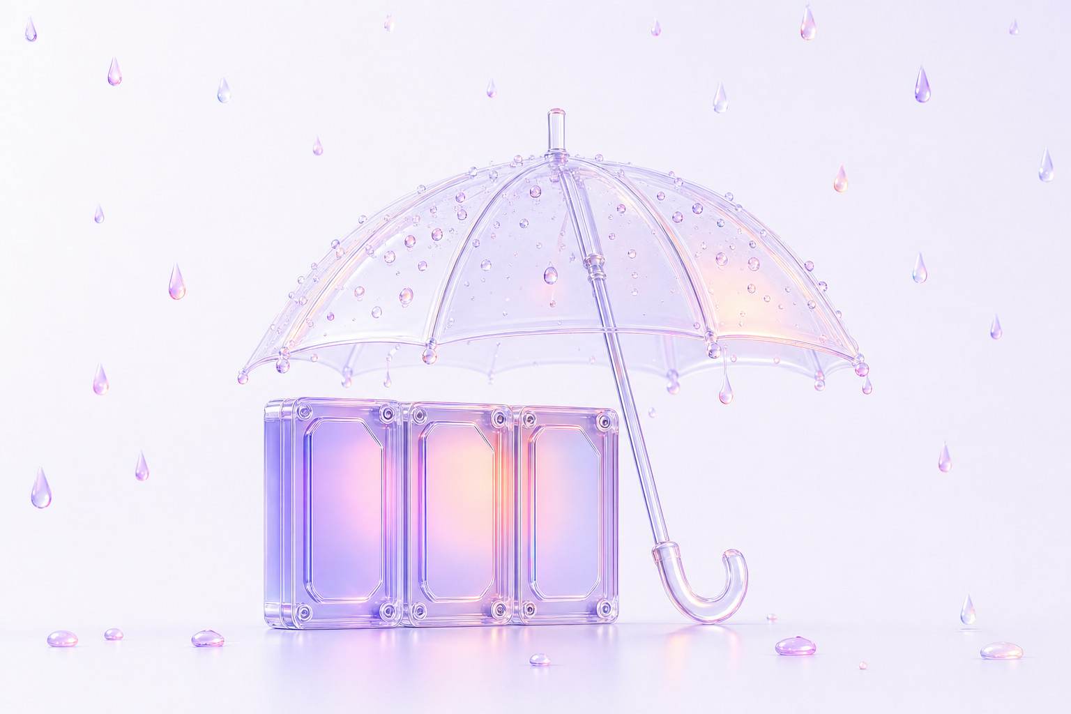 Ilustración 3D de un paraguas de cristal que protege tres unidades de almacenamiento de la lluvia