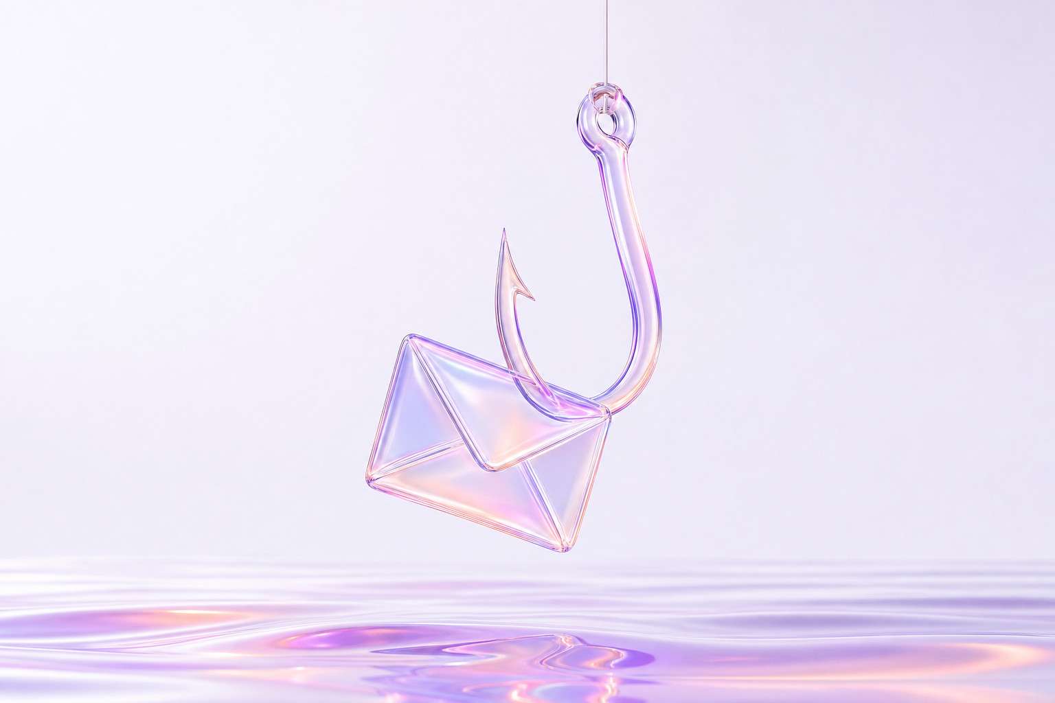 Ilustración 3D de un anzuelo de cristal con un sobre como cebo sobre una superficie ondulada