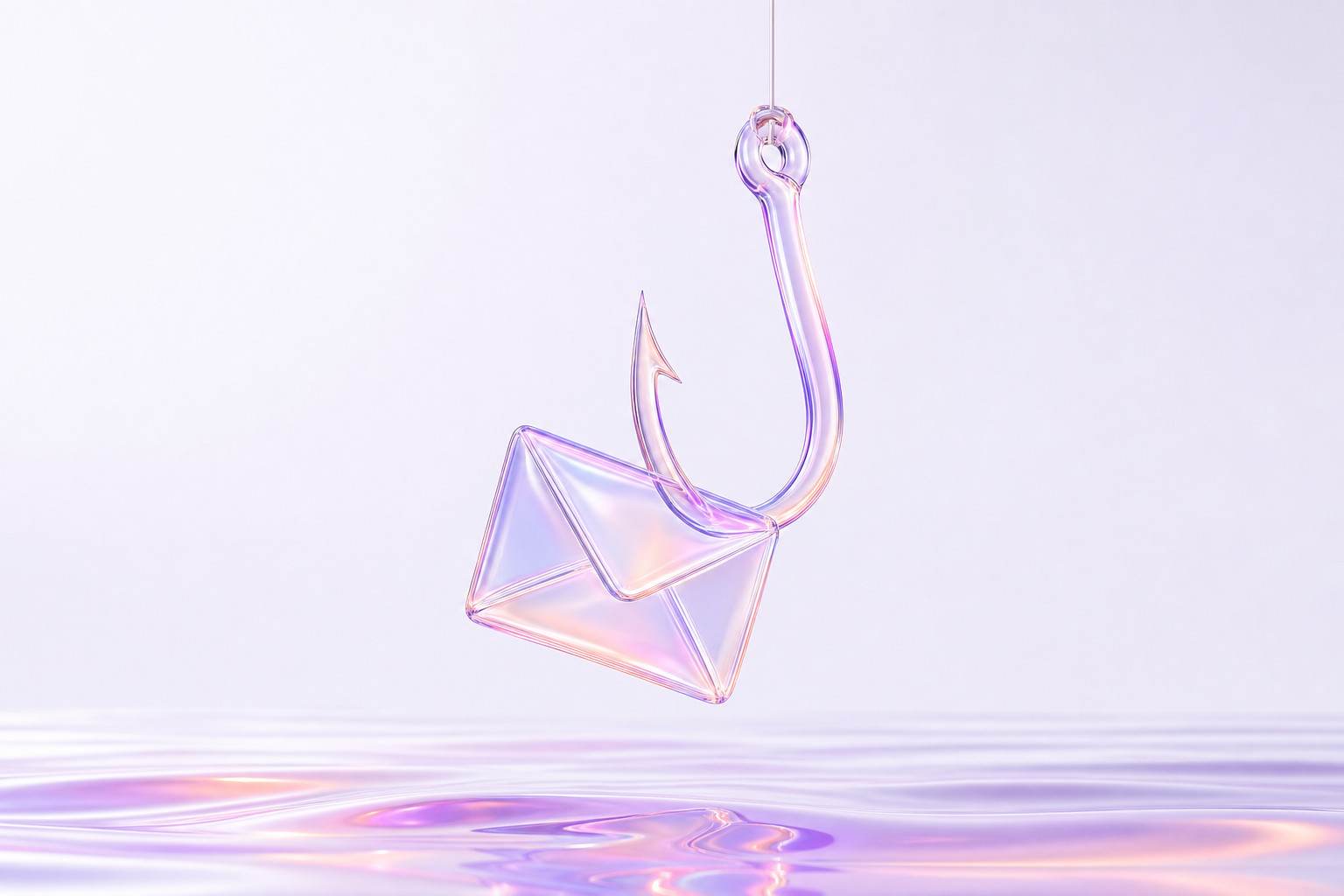 Ilustración 3D de un anzuelo de cristal con un sobre como cebo sobre una superficie ondulada