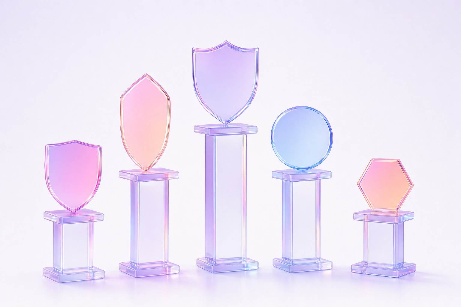 Ilustración 3D de cinco pedestales de cristal de distinta altura, cada uno con un escudo diferente