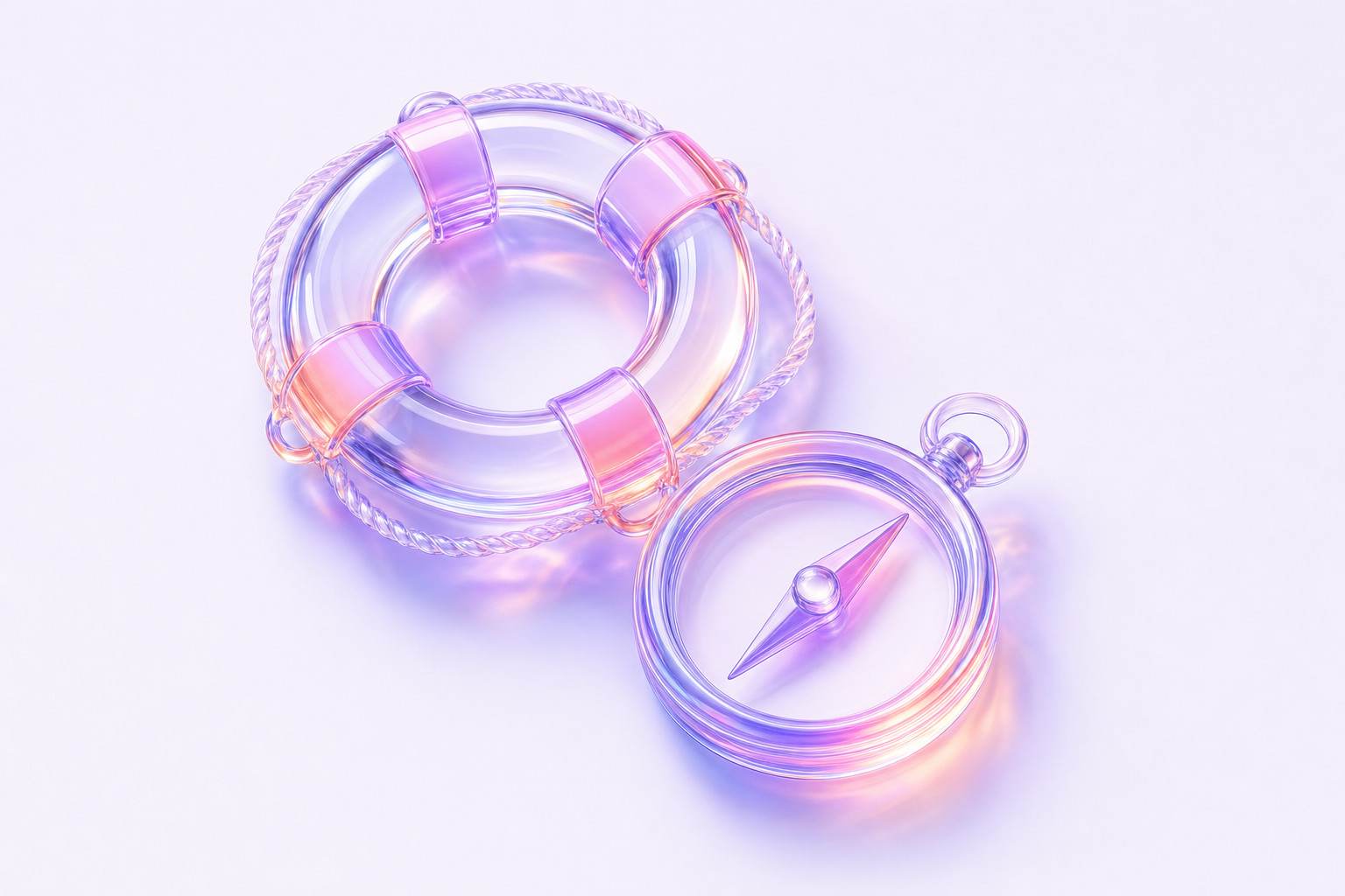 Ilustración 3D de un salvavidas de cristal junto a una brújula de cristal