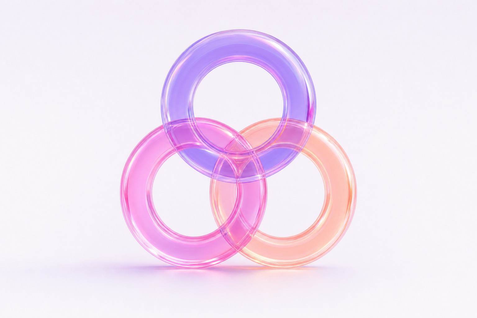 Ilustración 3D de tres anillos de cristal entrelazados en violeta, magenta y melocotón