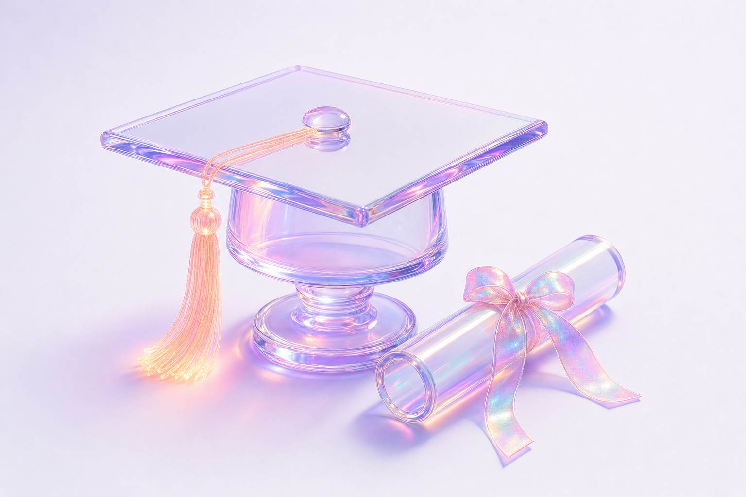 Ilustración 3D de un birrete de graduación de cristal junto a un pergamino con lazo iridiscente